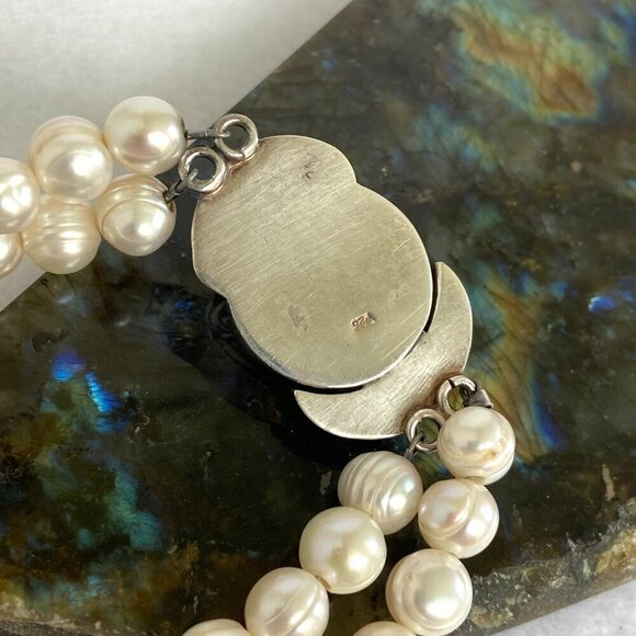 Sterling Silver 925 Two Strand Baroque Pearl Turquoise Bali Clasp Bracelet - Picture 11 of 16